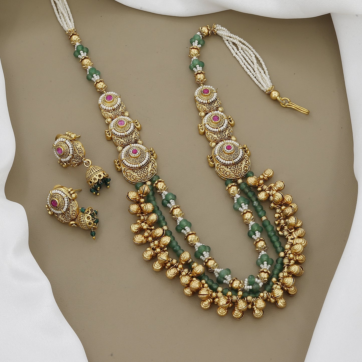 Grand Layered Necklace with Ruby, Kundan, and Green Beads