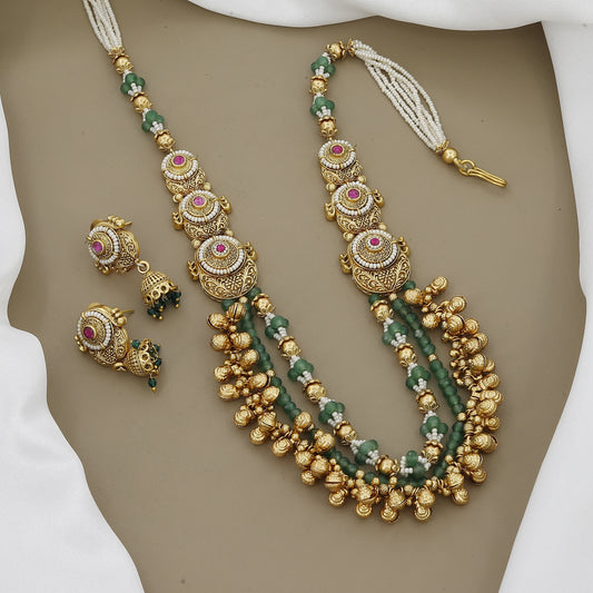 Grand Layered Necklace with Ruby, Kundan, and Green Beads