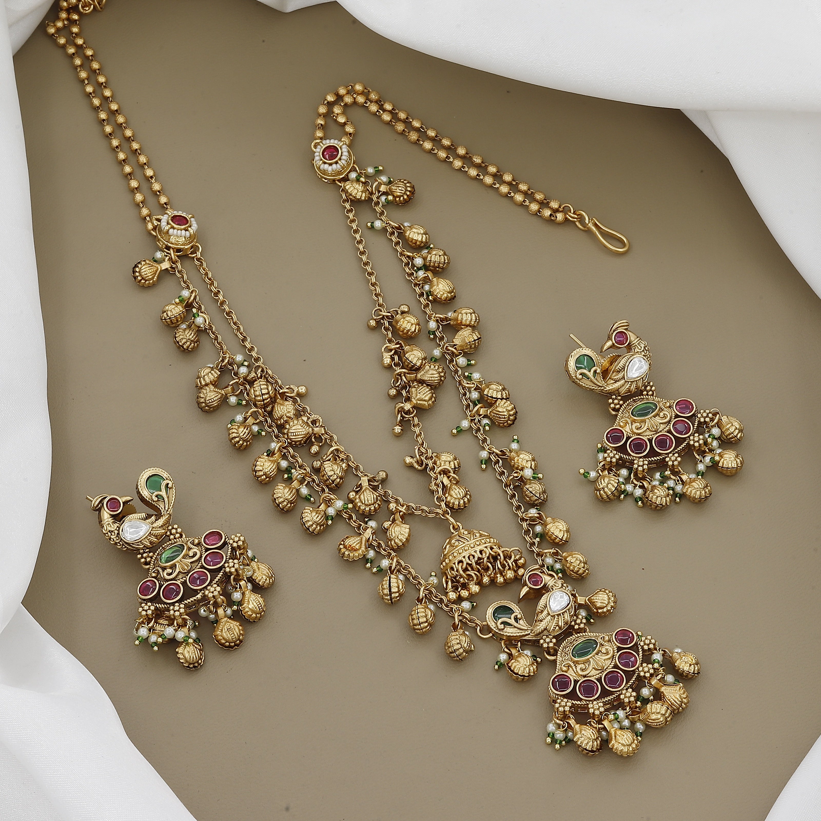 Antique Gold Tone Peacock Jhumka Set