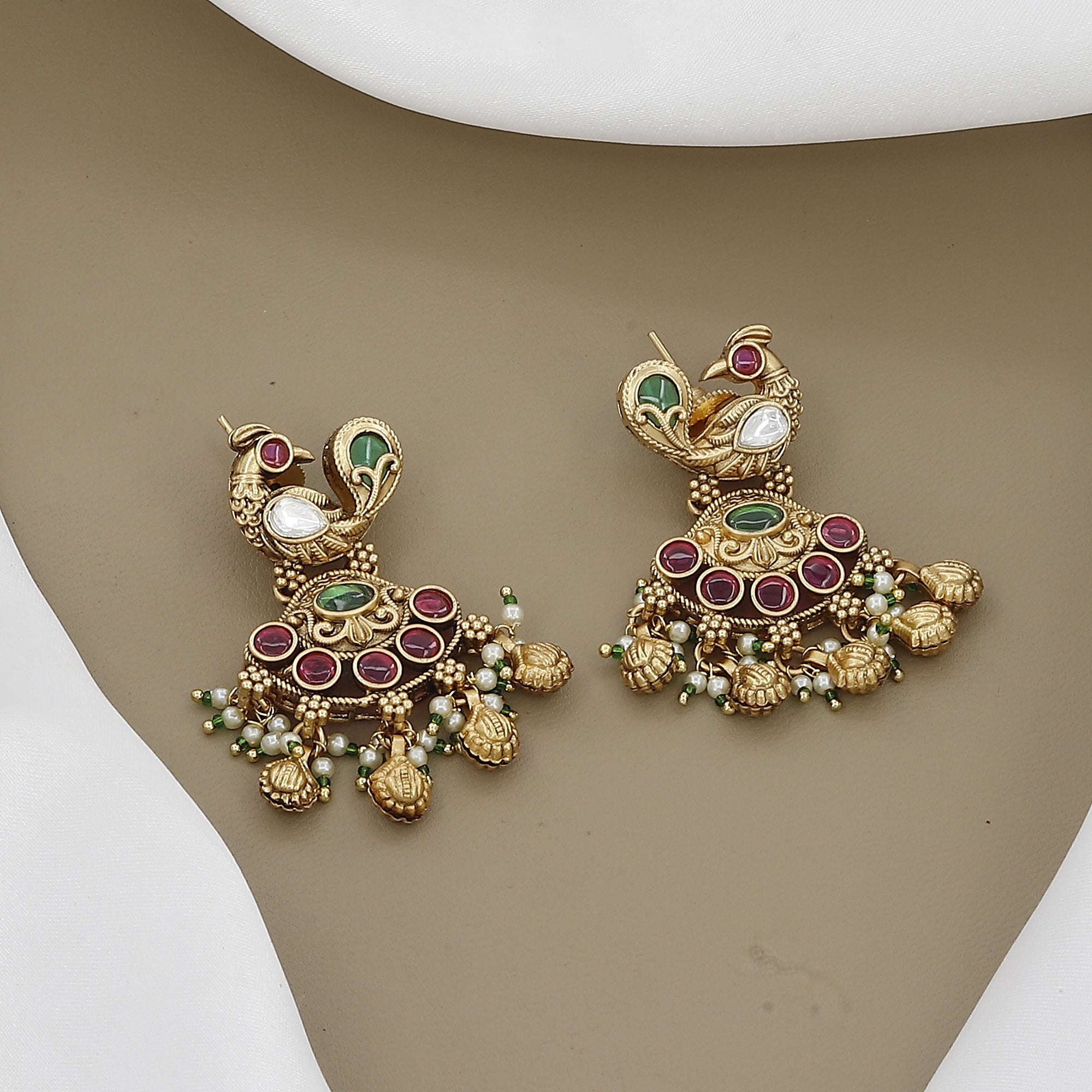 Antique Gold Tone Peacock Jhumka Set