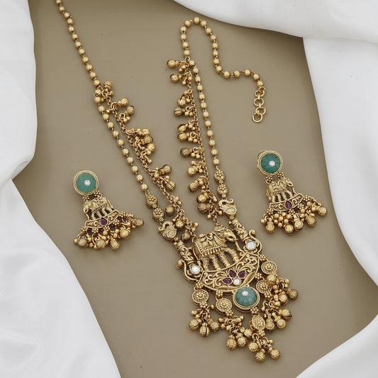 Antique Long Necklace Set with Peacock Pendant & Jhumka Earrings
