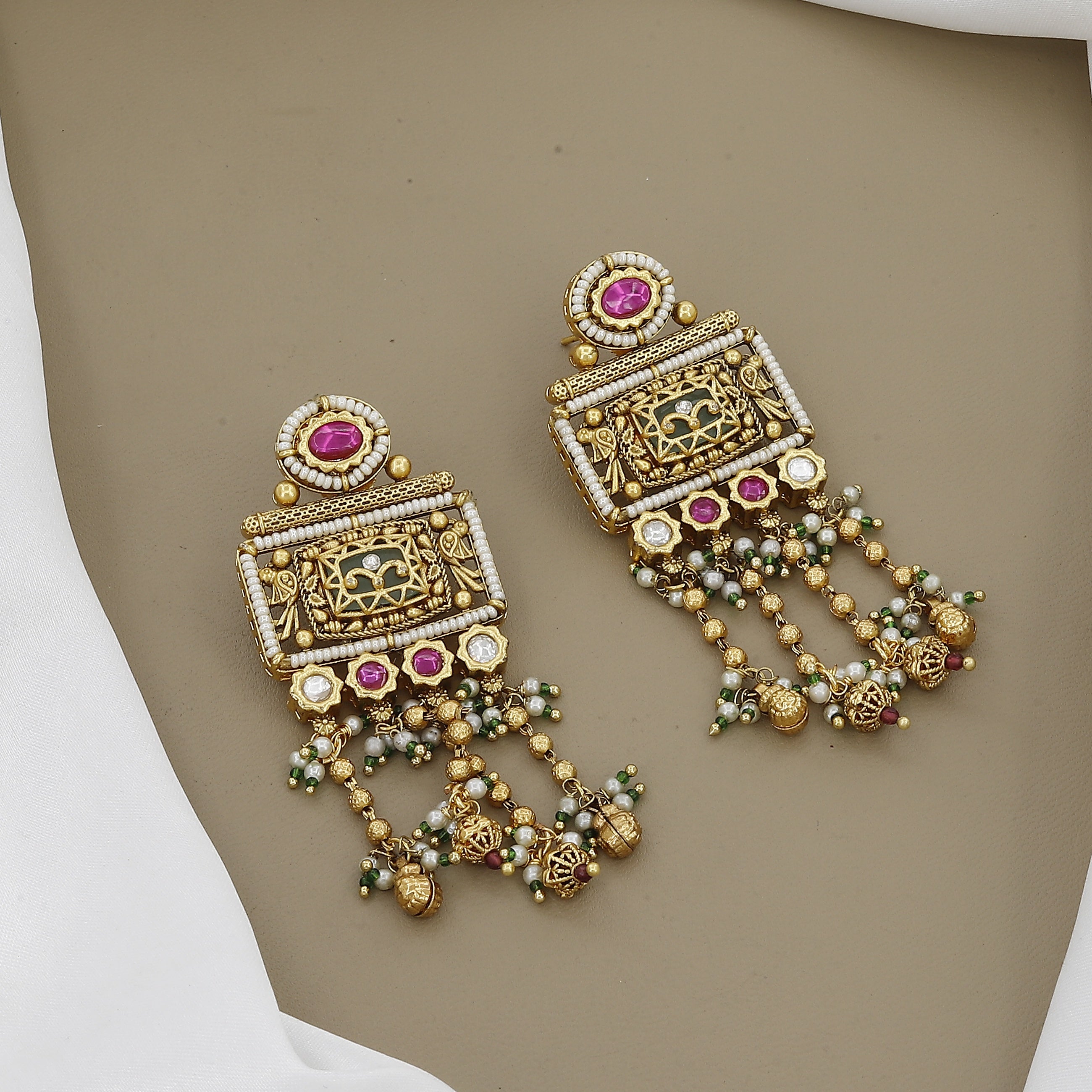 Antique Long Necklace Set with Statement Pendant & Dangling Beads