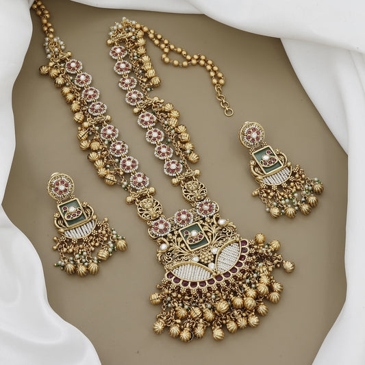 Traditional Temple-Inspired Long Necklace Set with Ruby & Kundan Stones