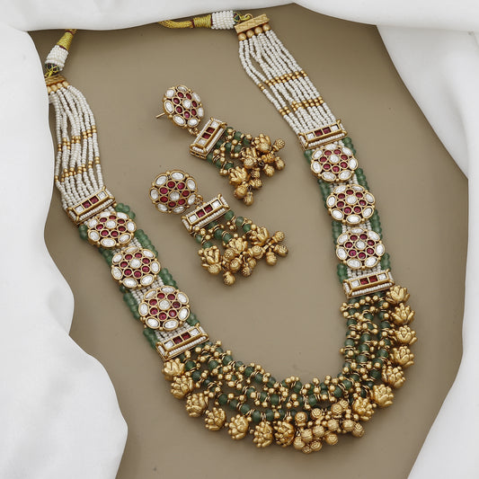 Vintage-Inspired Gold Toned Necklace Set with Ruby, Kundan, and Emerald-like Beads