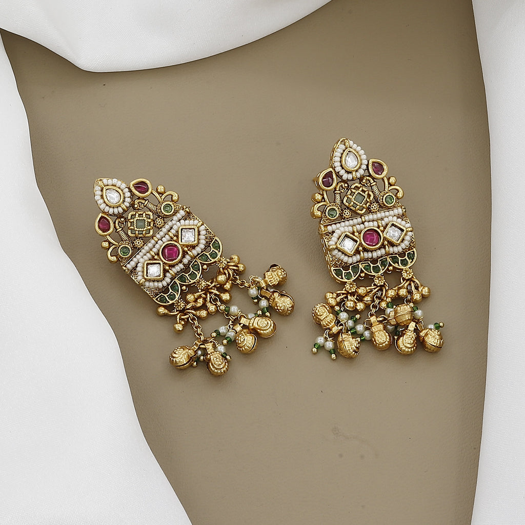 Grand Antique Gold Toned Long Necklace Set with Jhumka Earrings