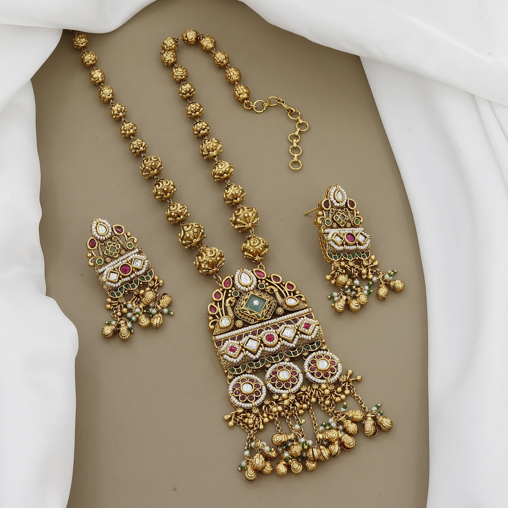 Grand Antique Gold Toned Long Necklace Set with Jhumka Earrings