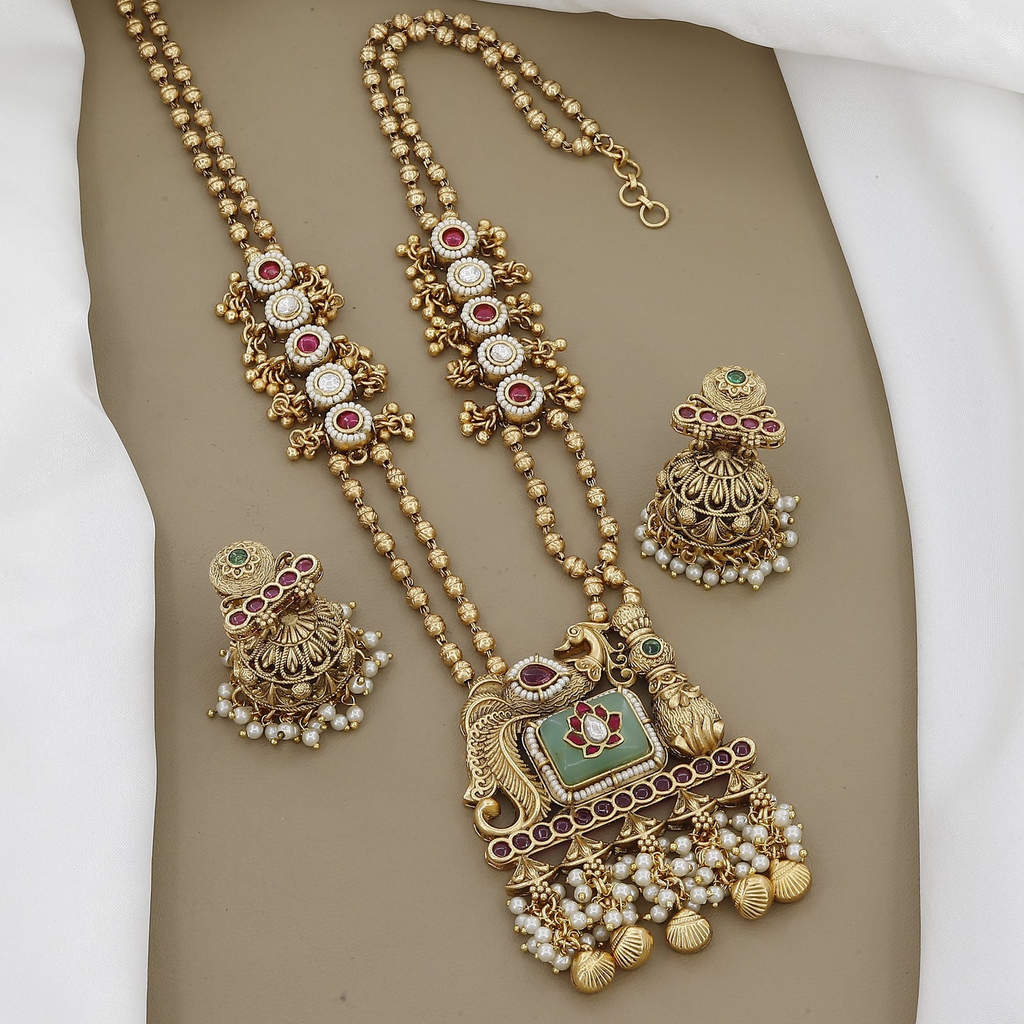 Antique Peacock Long Necklace Set with Jhumkas