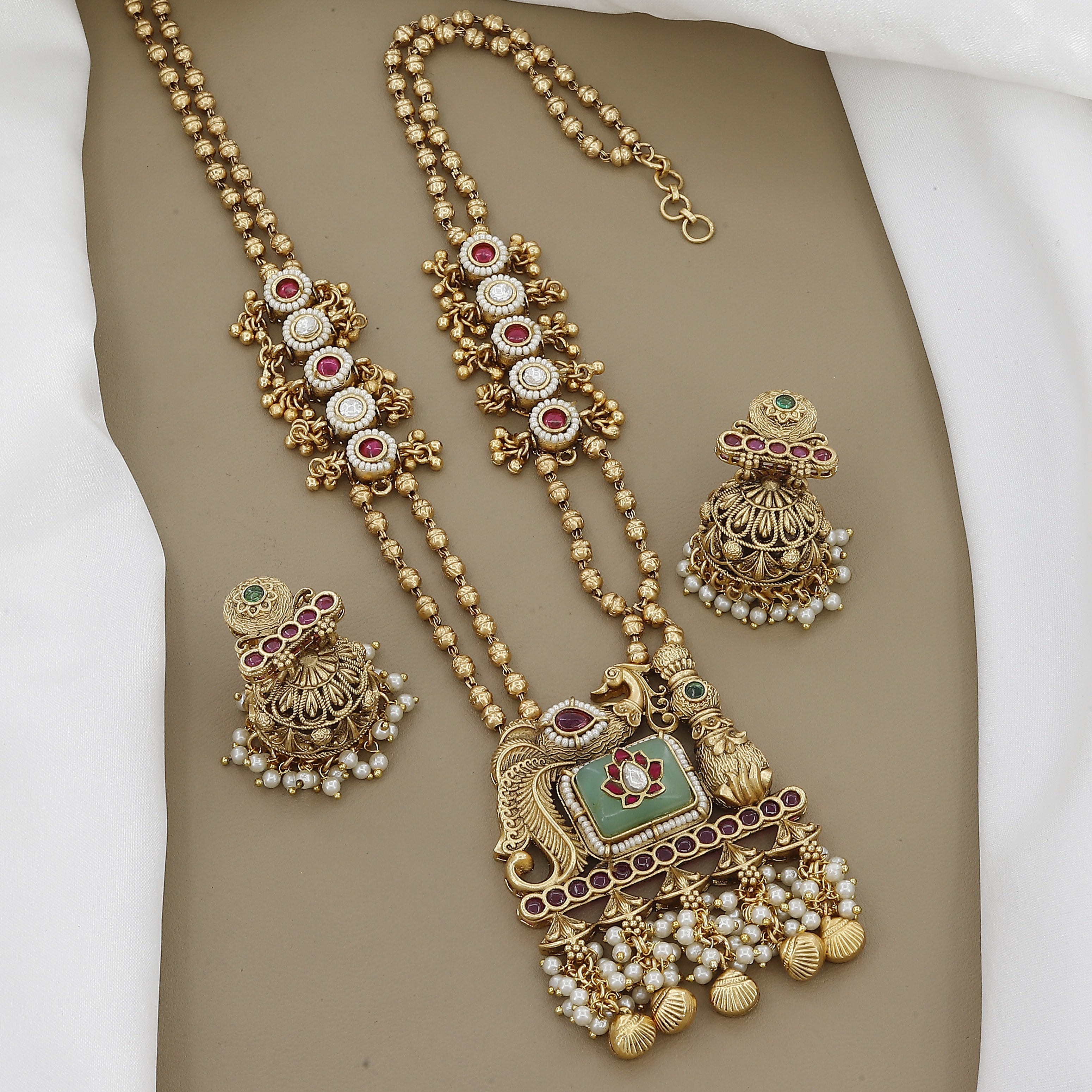 Antique Peacock Long Necklace Set with Jhumkas