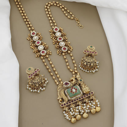 Antique Peacock Long Necklace Set with Jhumkas