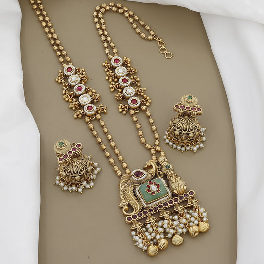 Antique Peacock Long Necklace Set with Jhumkas