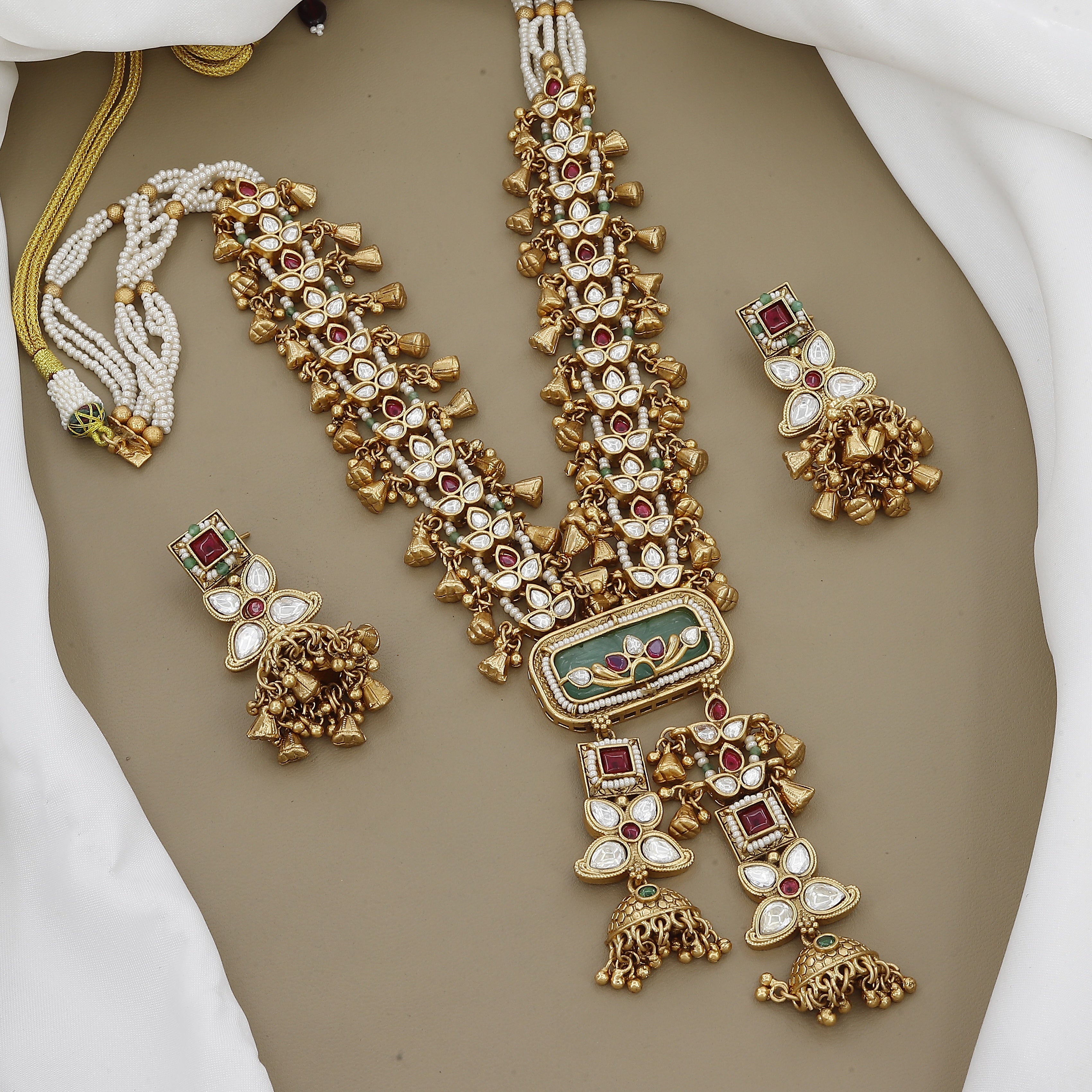 Antique Divine Long Kundan Necklace with Antique Bells