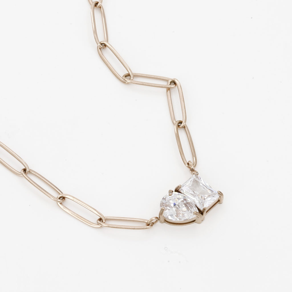 Elegant Gold Paperclip Necklace with Double Crystal Pendant