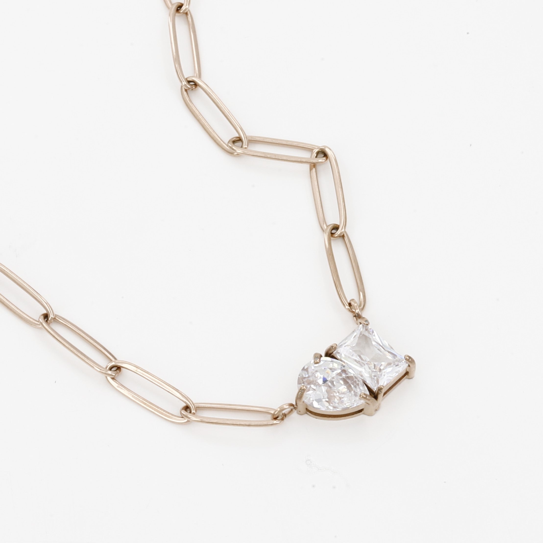 Elegant Gold Paperclip Necklace with Double Crystal Pendant