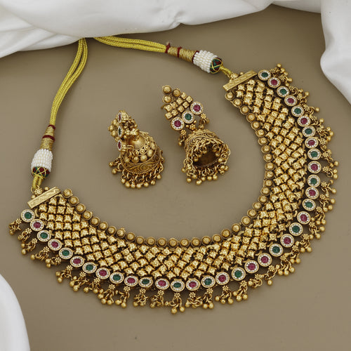 Antique Gold Toned Choker Necklace Set with Jhumka Earrings