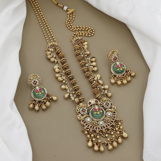 Antique Kundan & Ruby Long Necklace Set with Jhumka