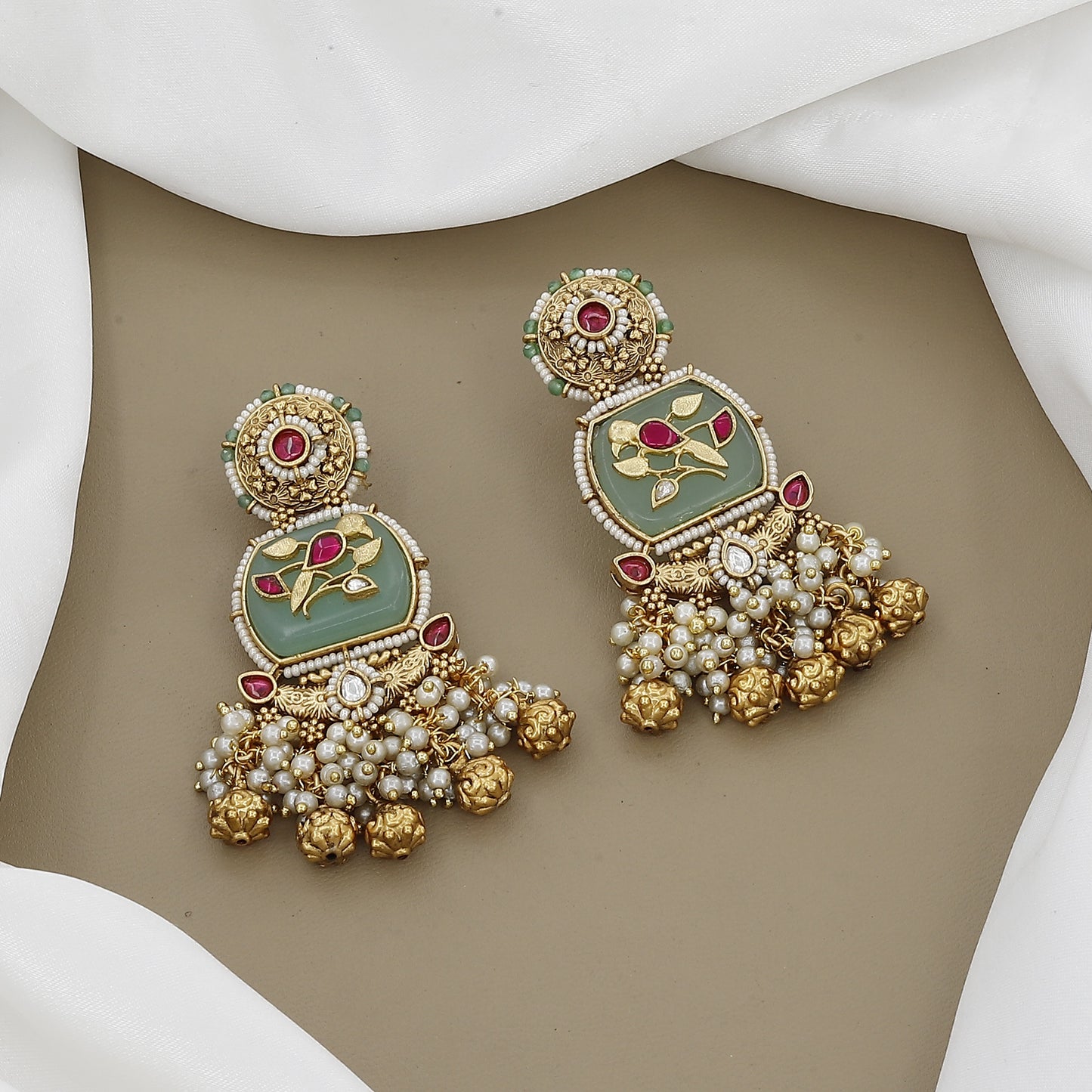 Antique Wedding Long Necklace Set with Green Onyx