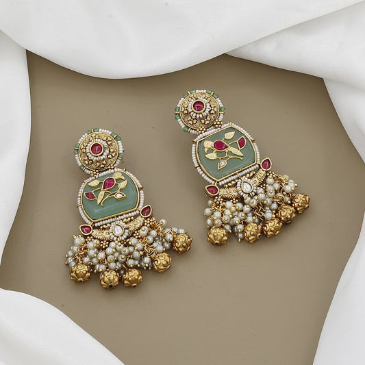 Antique Wedding Long Necklace Set with Green Onyx