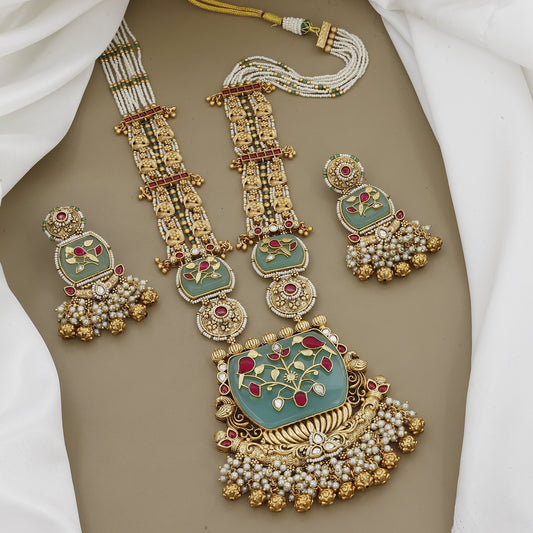 Antique Wedding Long Necklace Set with Green Onyx