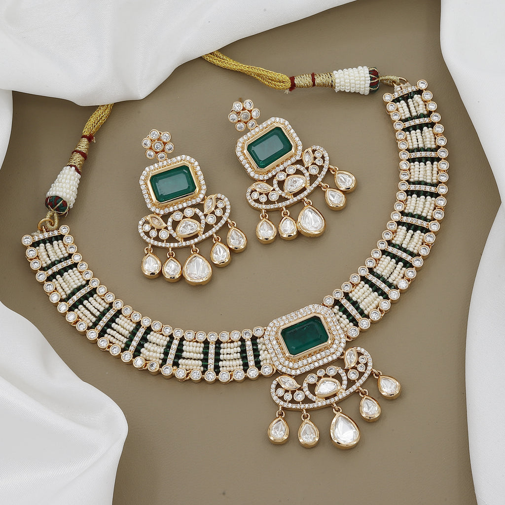 Statement Kundan Necklace Set with Emerald & Pearl Drops With Colors