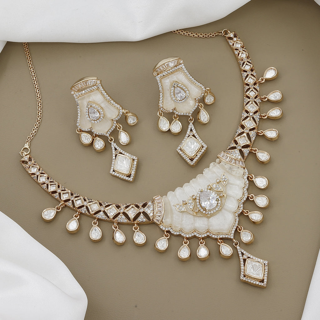 Modern Polki Kundan Necklace Set with Teardrop Stones with Colors