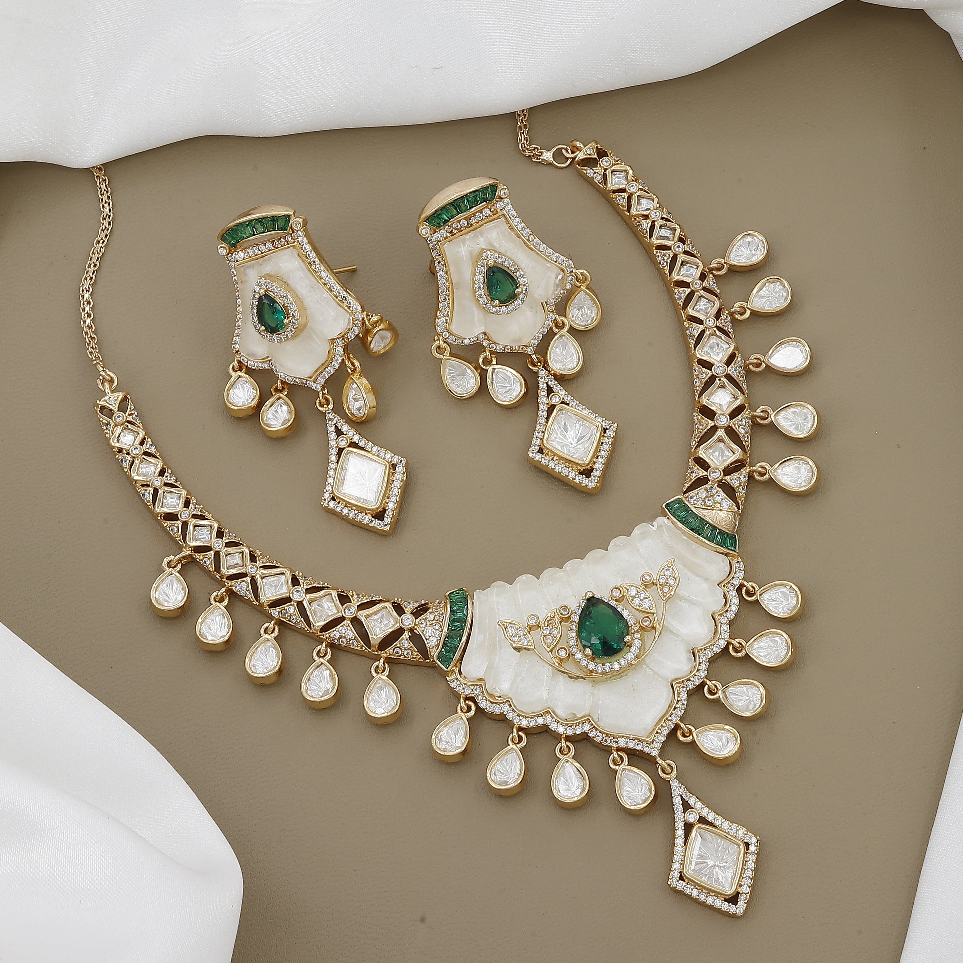 Modern Polki Kundan Necklace Set with Teardrop Stones with Colors