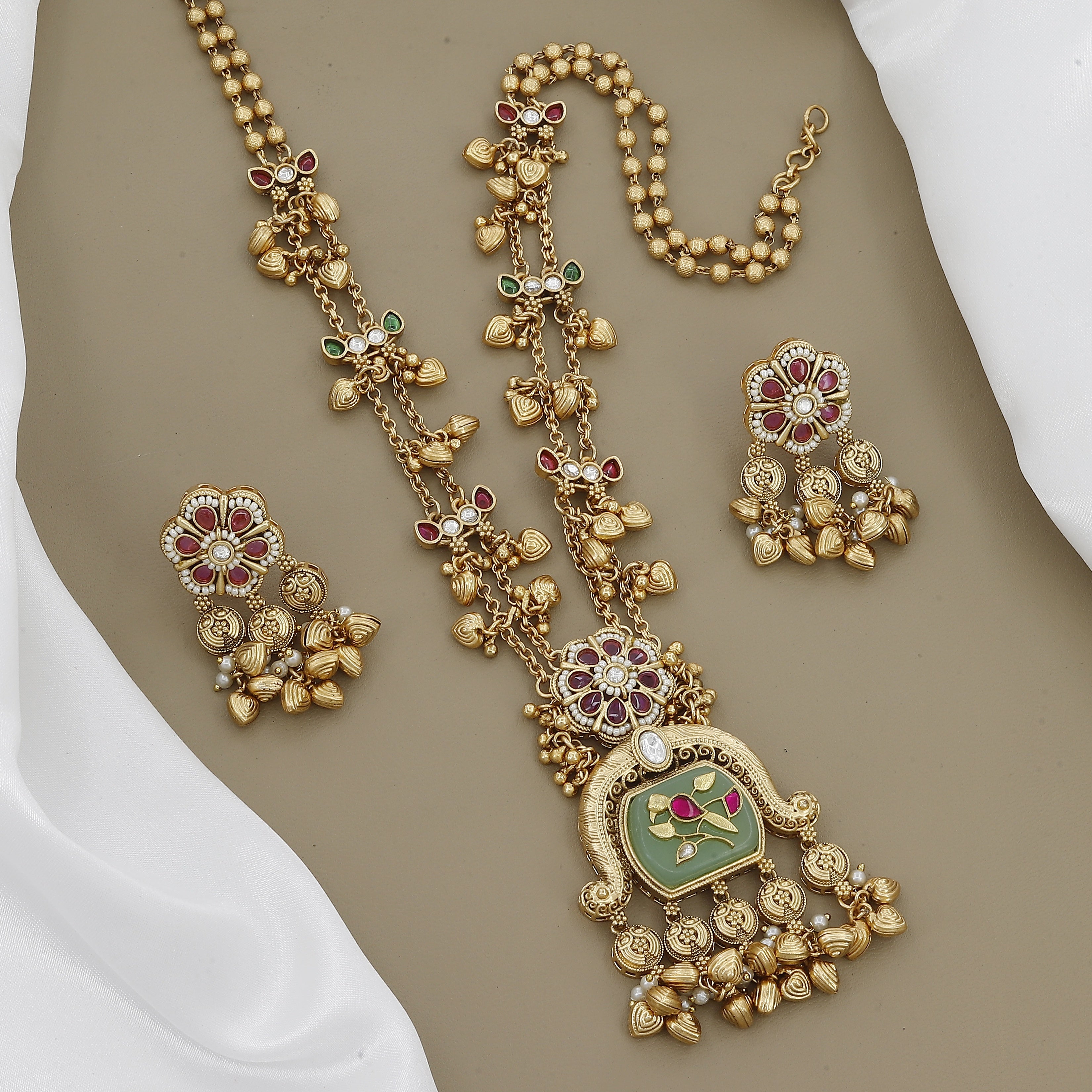 Long Antique Gold Tone Necklace Set with Floral & Peacock Motifs