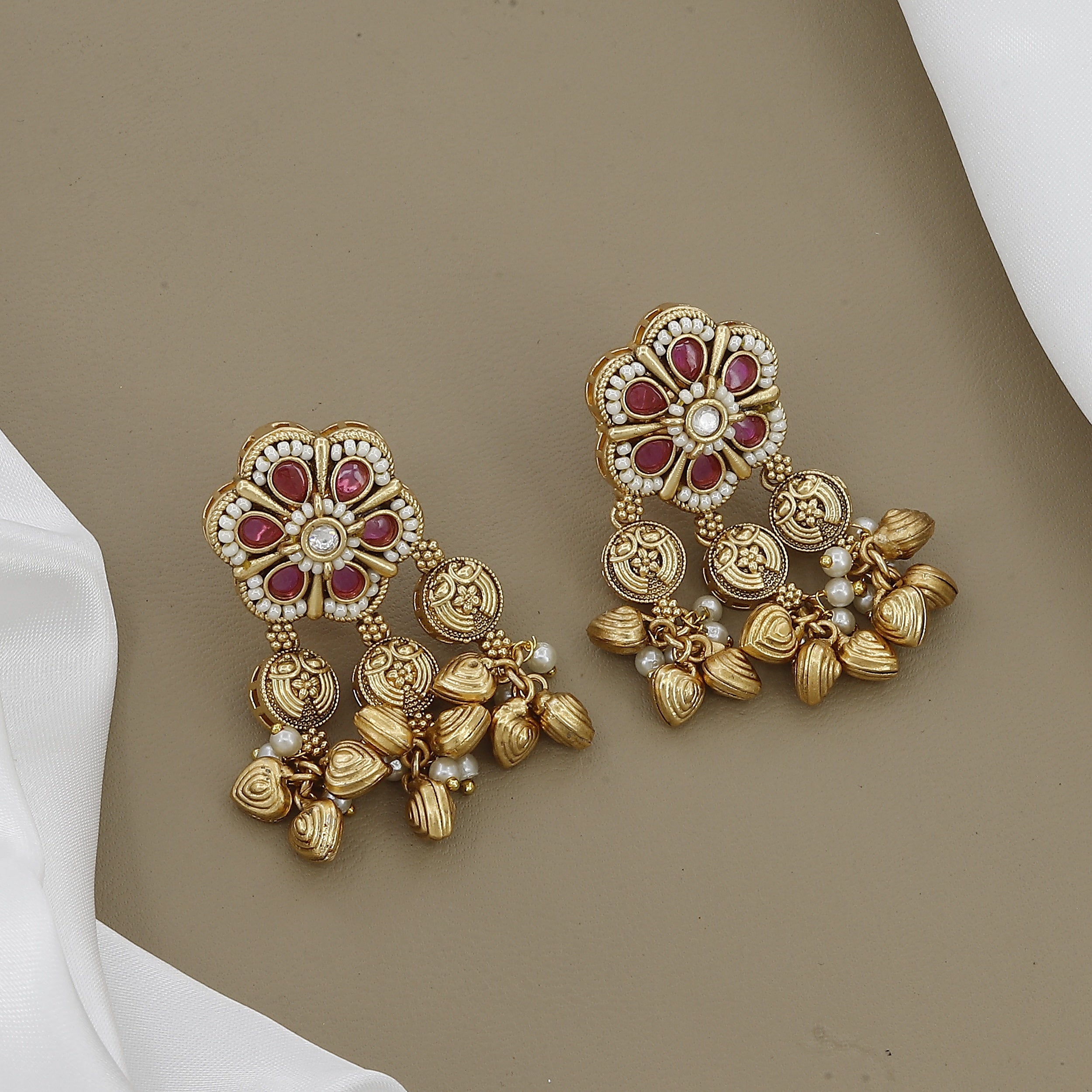 Long Antique Gold Tone Necklace Set with Floral & Peacock Motifs