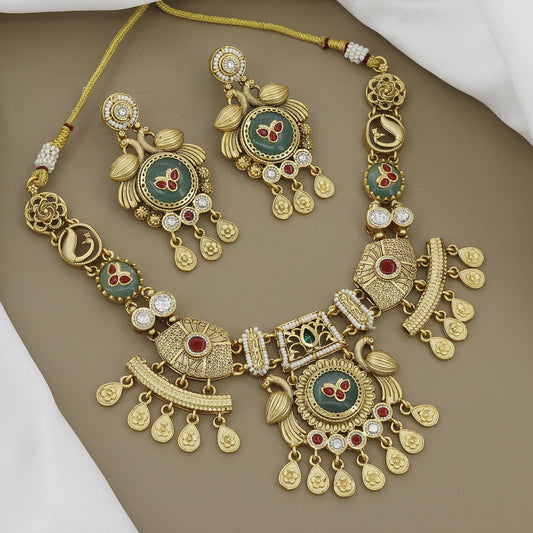 Gold Toned Peacock & Floral Motif Necklace Set with Ruby & Green Stones