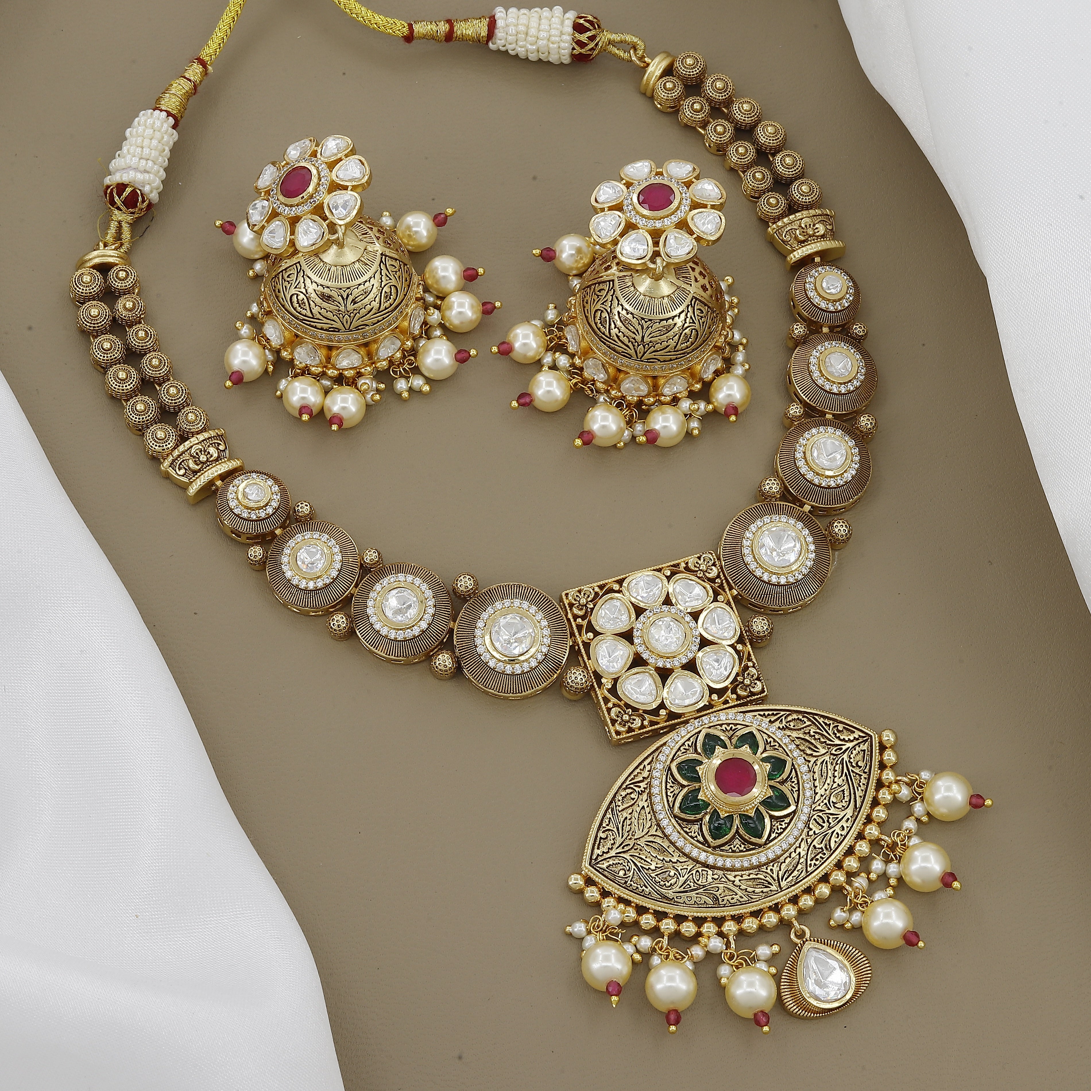Antique Kundan Necklace Set with Polki & Pearls