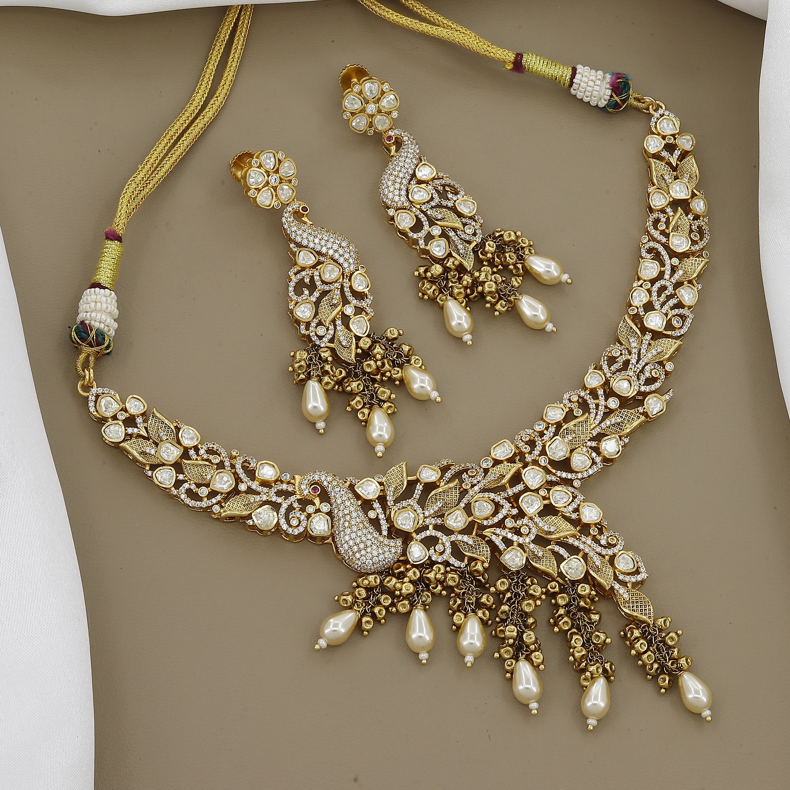 Exclusive Peacock Kundan Necklace Set with Pearl Drops
