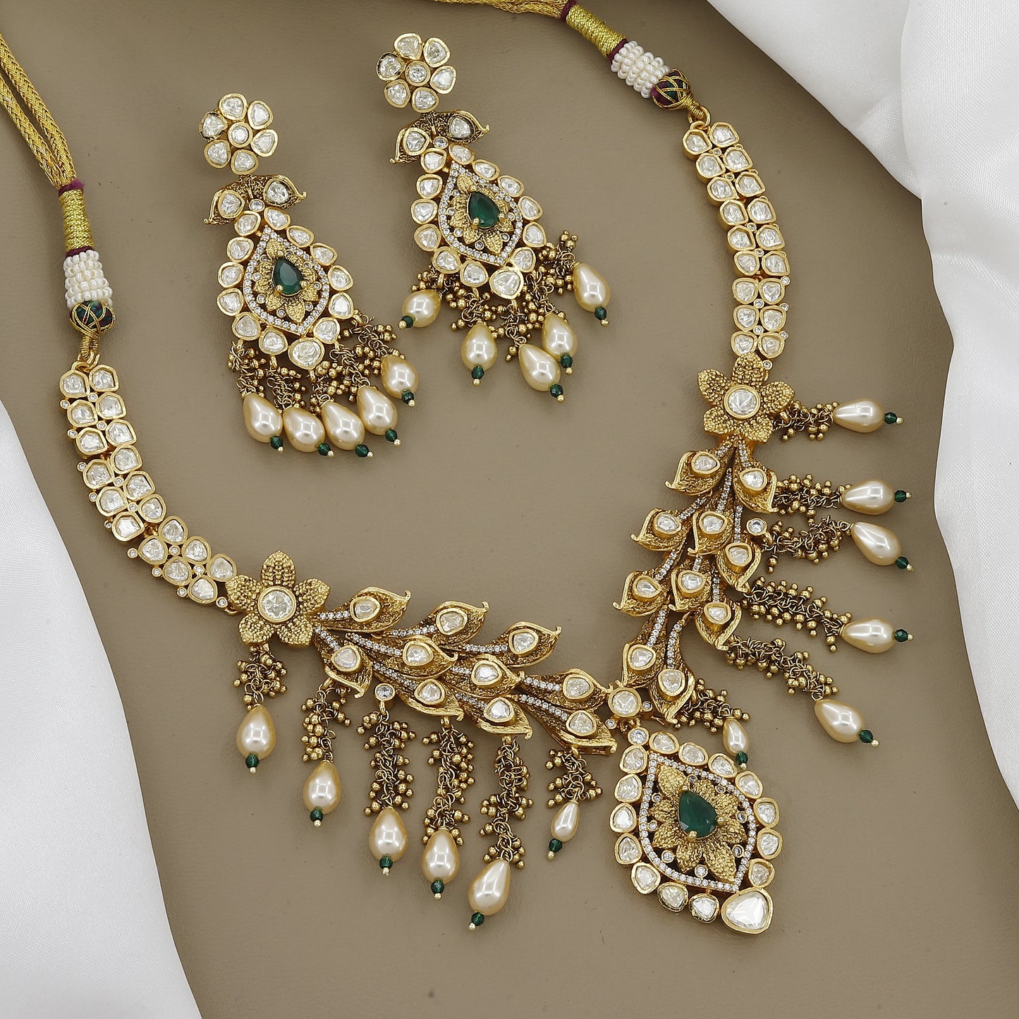 Antique Kundan Necklace Set with Emerald & Pearl Drops