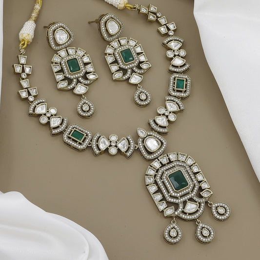 Grand Polki Kundan Necklace with Geometric Design & Green Stones