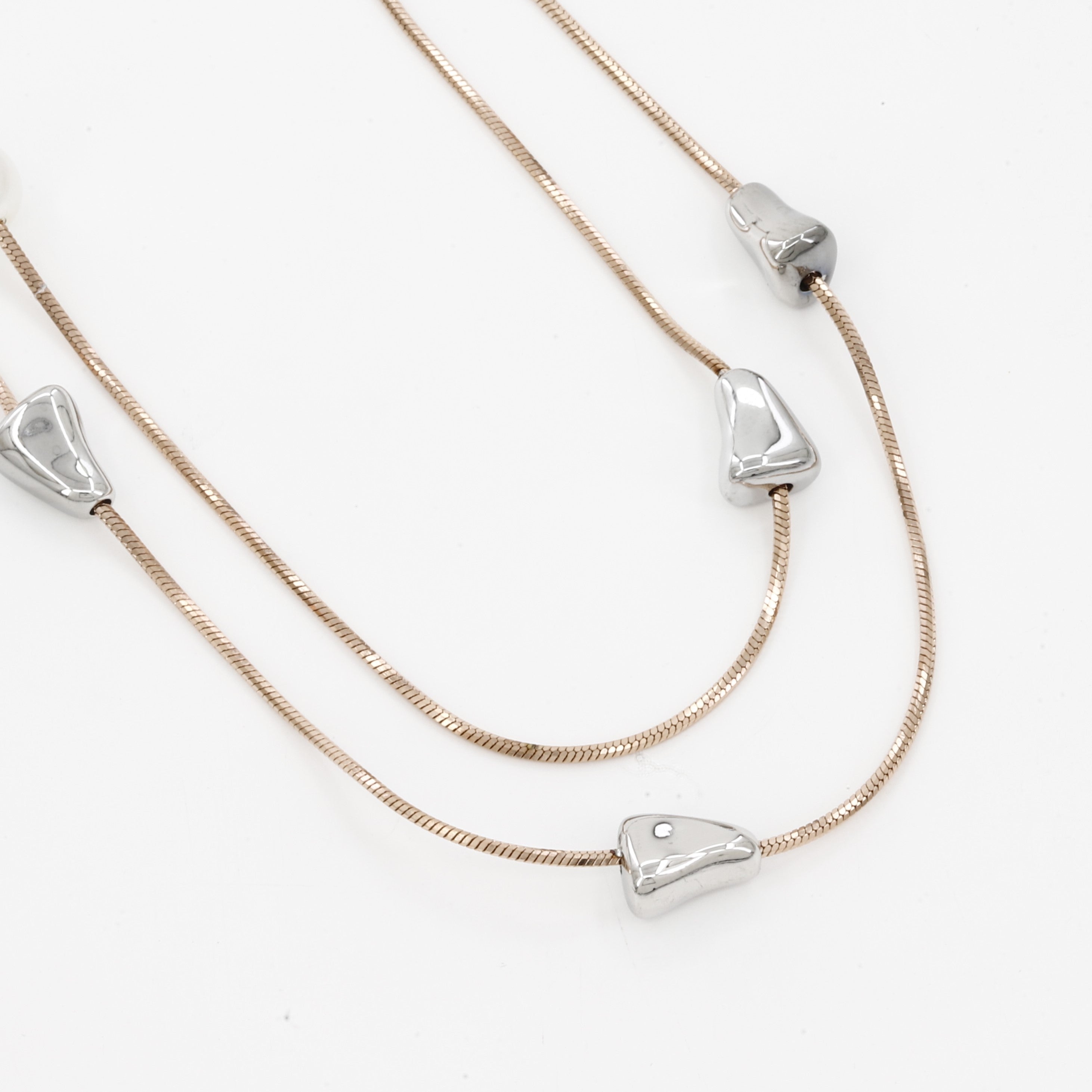 Layered Gold Snake Chain Necklace with Pearl & Silver Pebbles