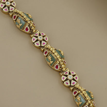 Heirloom Style Gold-Plated Bracelet with Carved Green Stone and Kundan