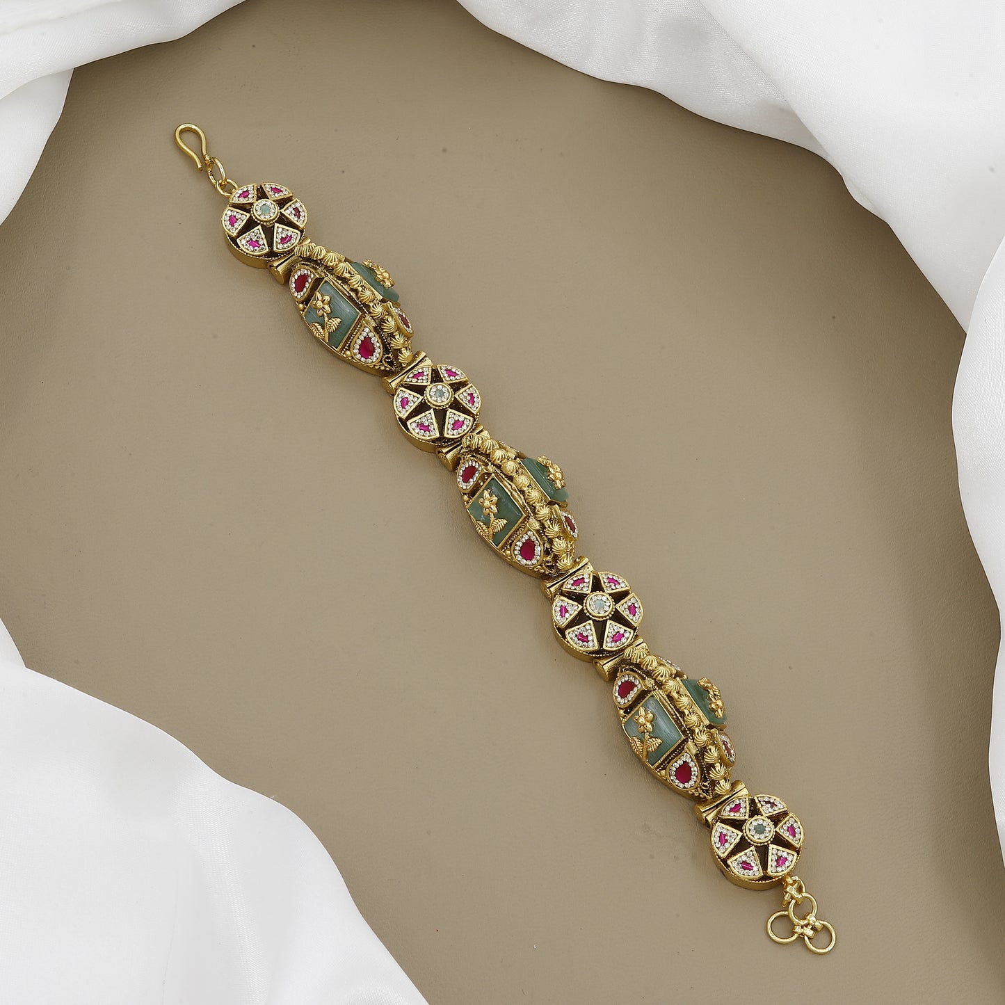 Heirloom Style Gold-Plated Bracelet with Carved Green Stone and Kundan