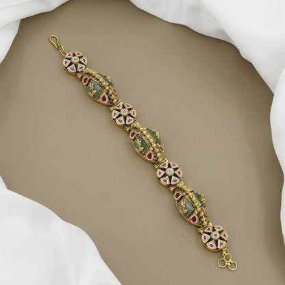 Heirloom Style Gold-Plated Bracelet with Carved Green Stone and Kundan