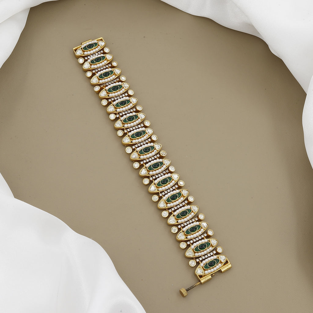 Oval Green Stone & Pearl Heritage Piece Antique Bracelet