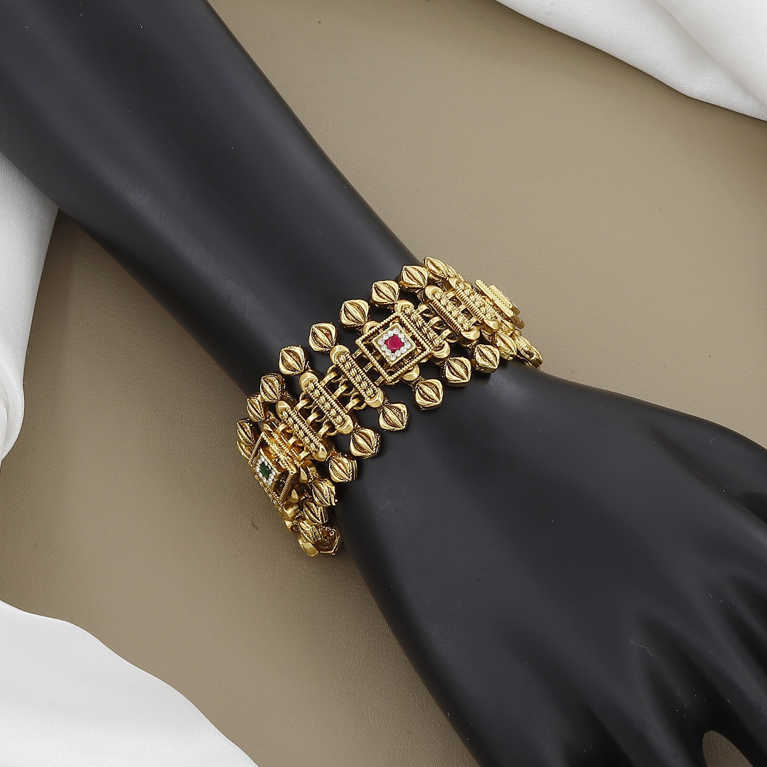Royal Grid Antique Gold-Toned Bracelet with Kundan