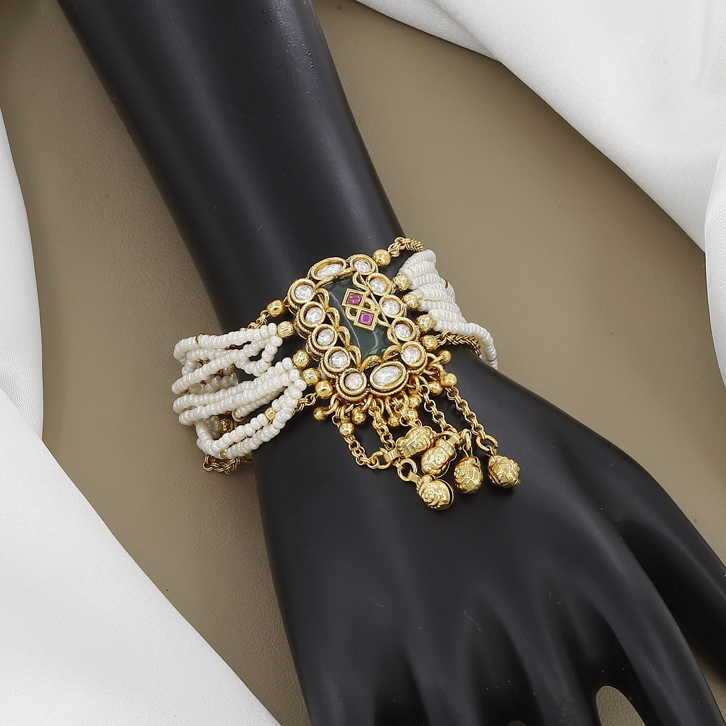 Luxury Multi-Strand Pearl Wide Cuff Bracelet with Kundan