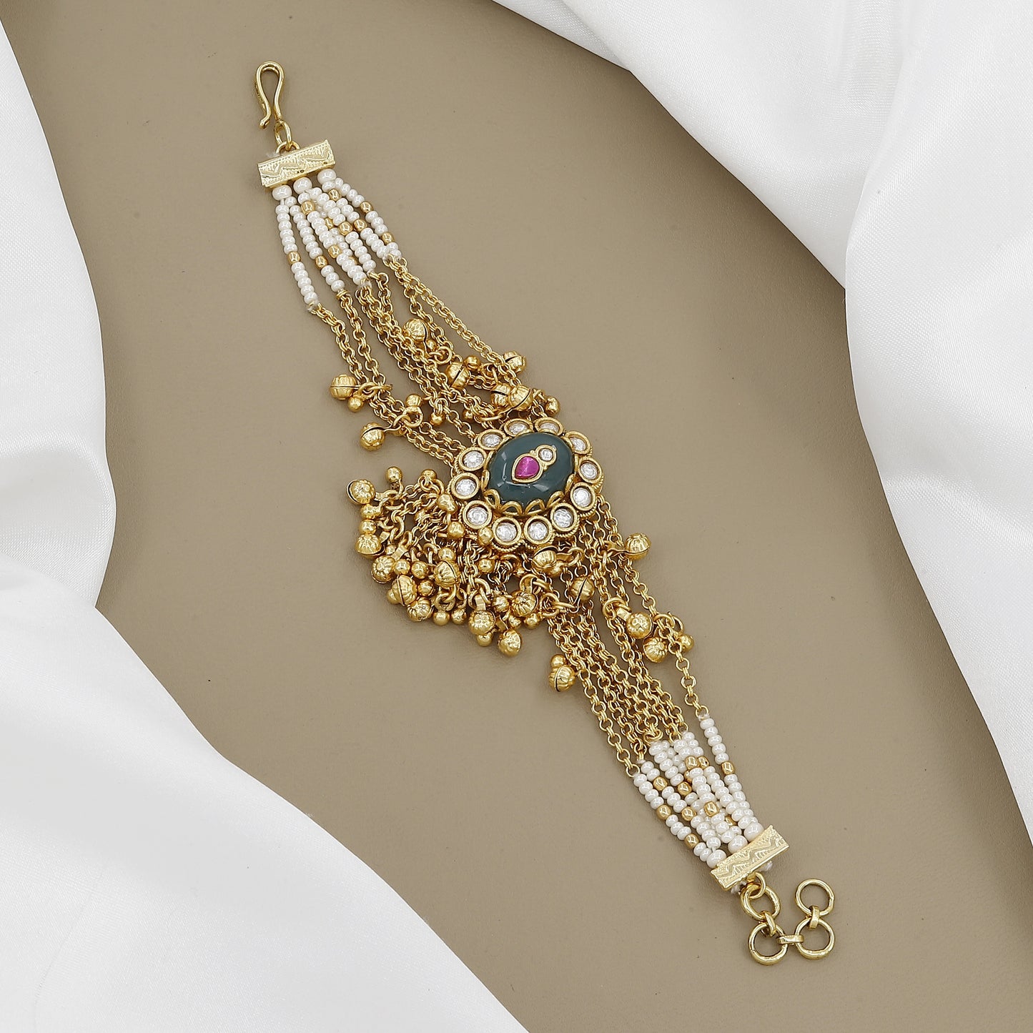 Traditional Gold-toned Bracelet with Multi-Chain Danglers & Pearls