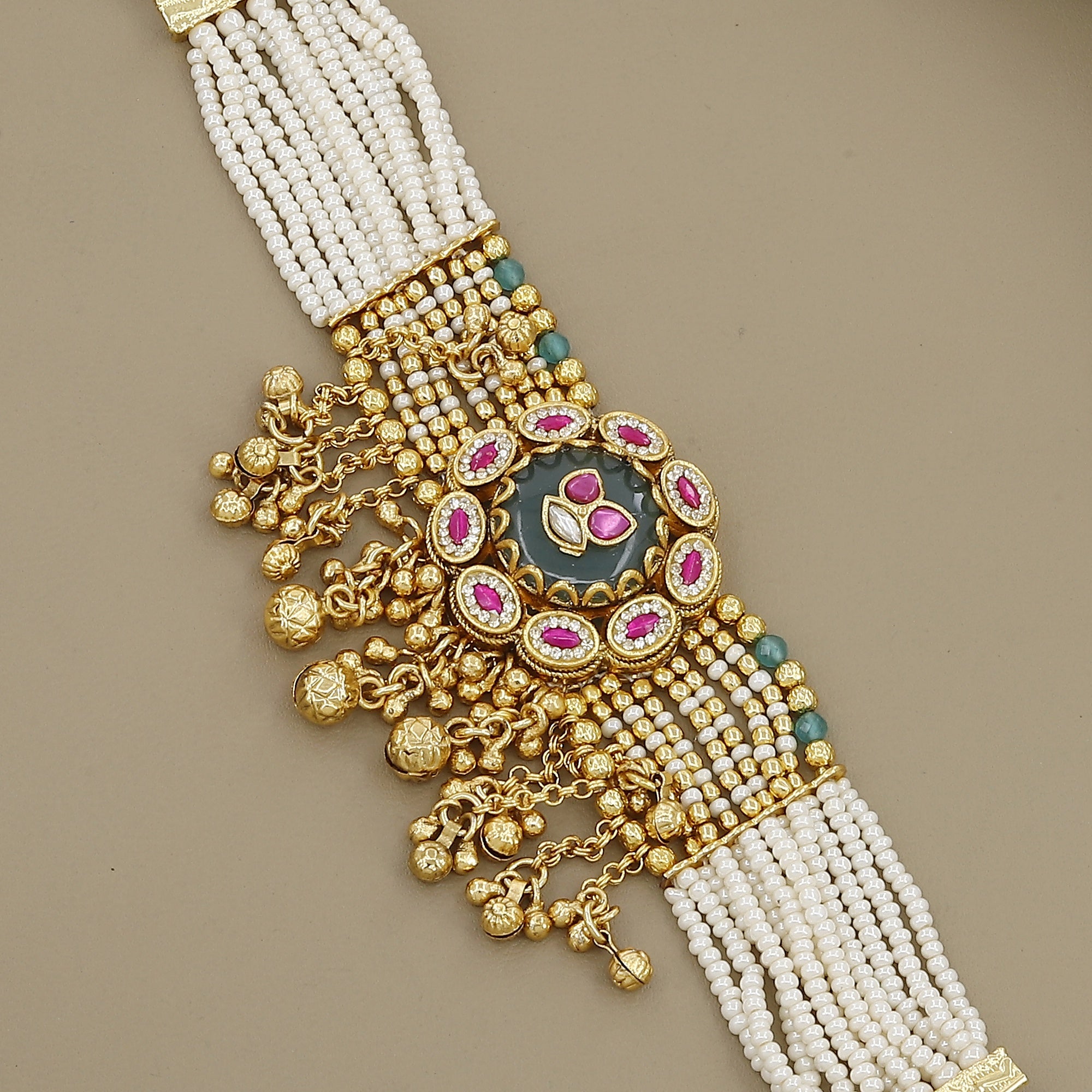 Regal Pearl & Kundan Work Wide Cuff Bracelet