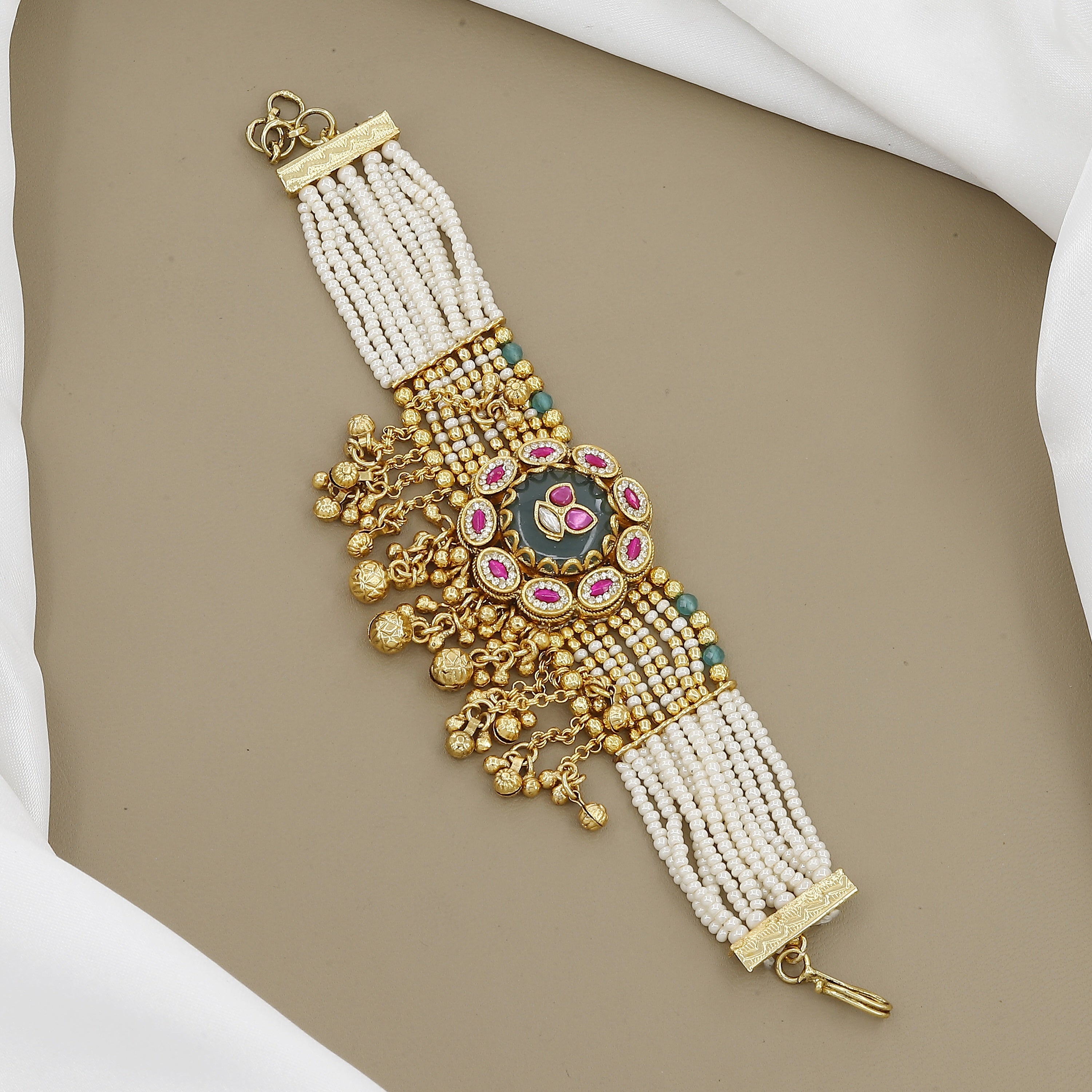 Regal Pearl & Kundan Work Wide Cuff Bracelet