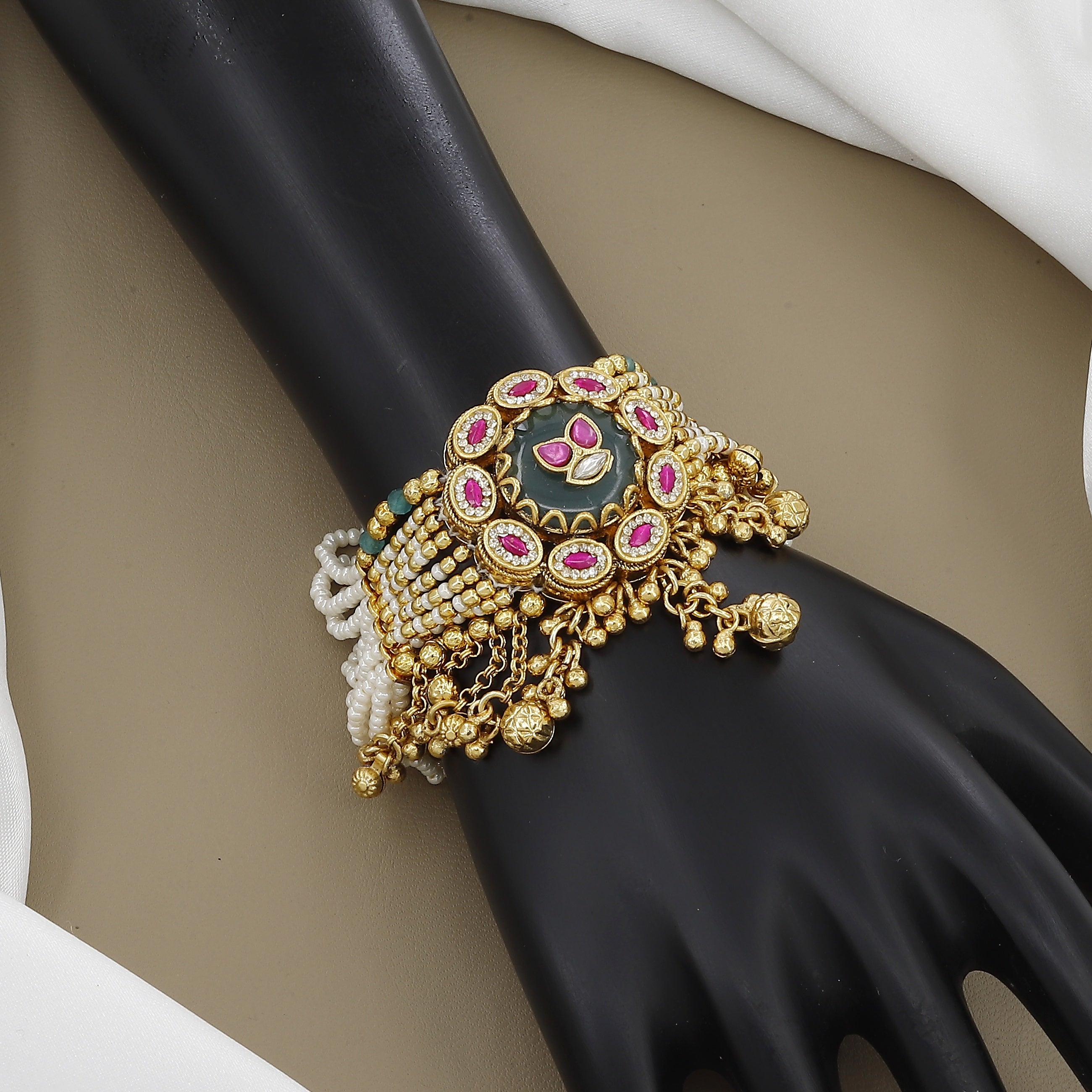 Regal Pearl & Kundan Work Wide Cuff Bracelet
