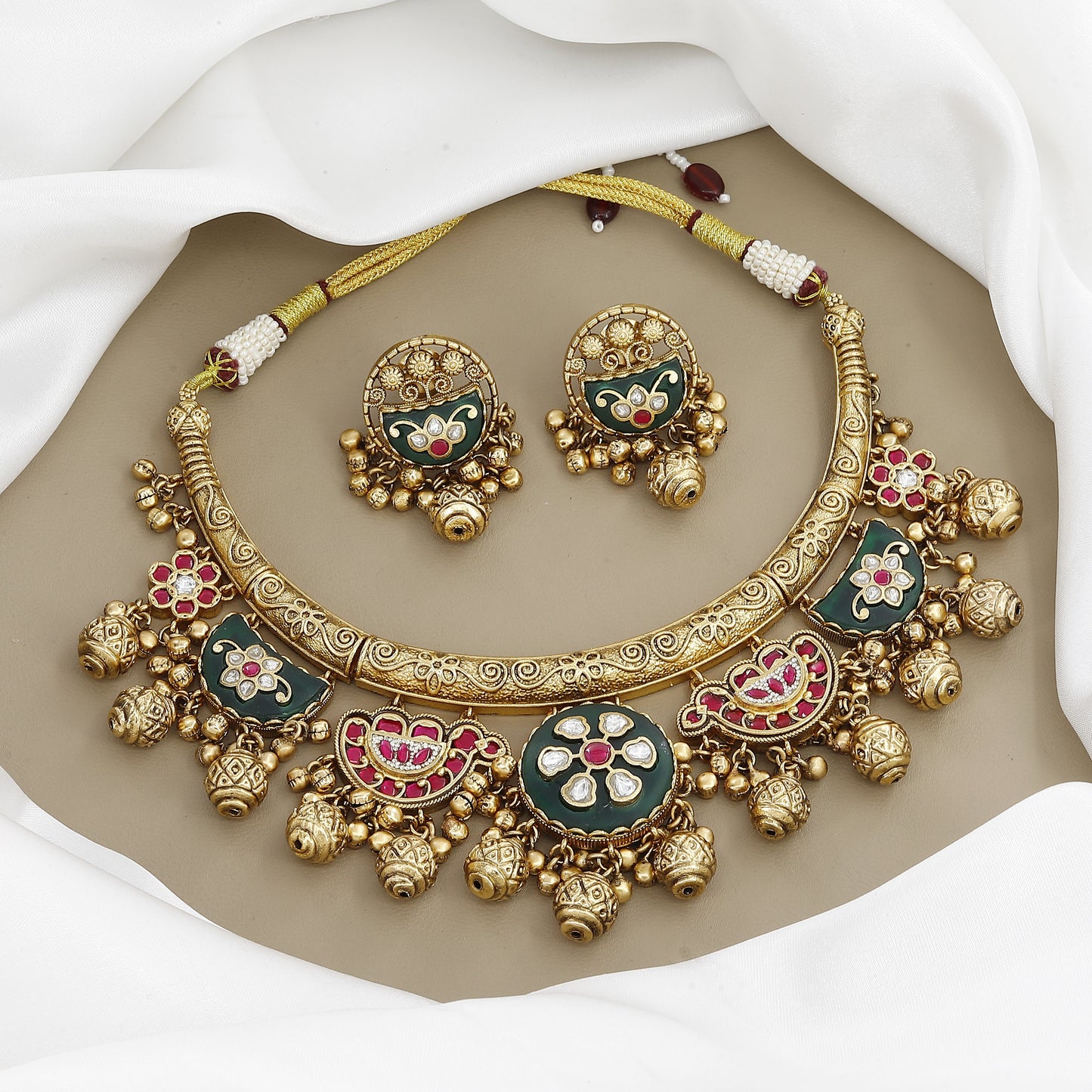 Green & Red Stone Floral Design Necklace and Earring Set