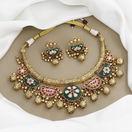 Green & Red Stone Floral Design Necklace and Earring Set