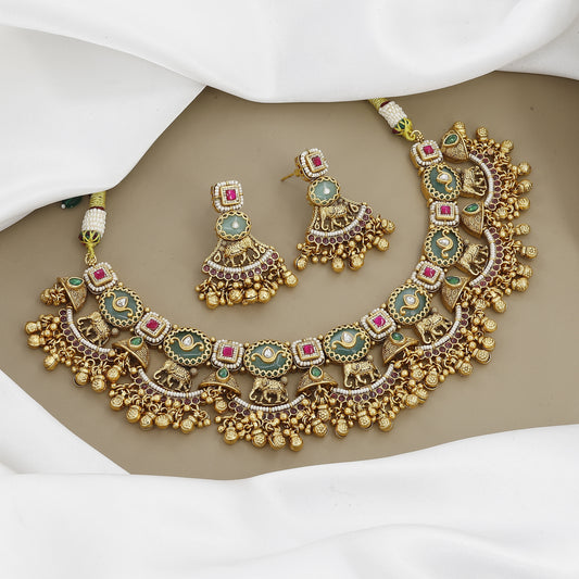 Traditional Green Meenakari Necklace with Earrings