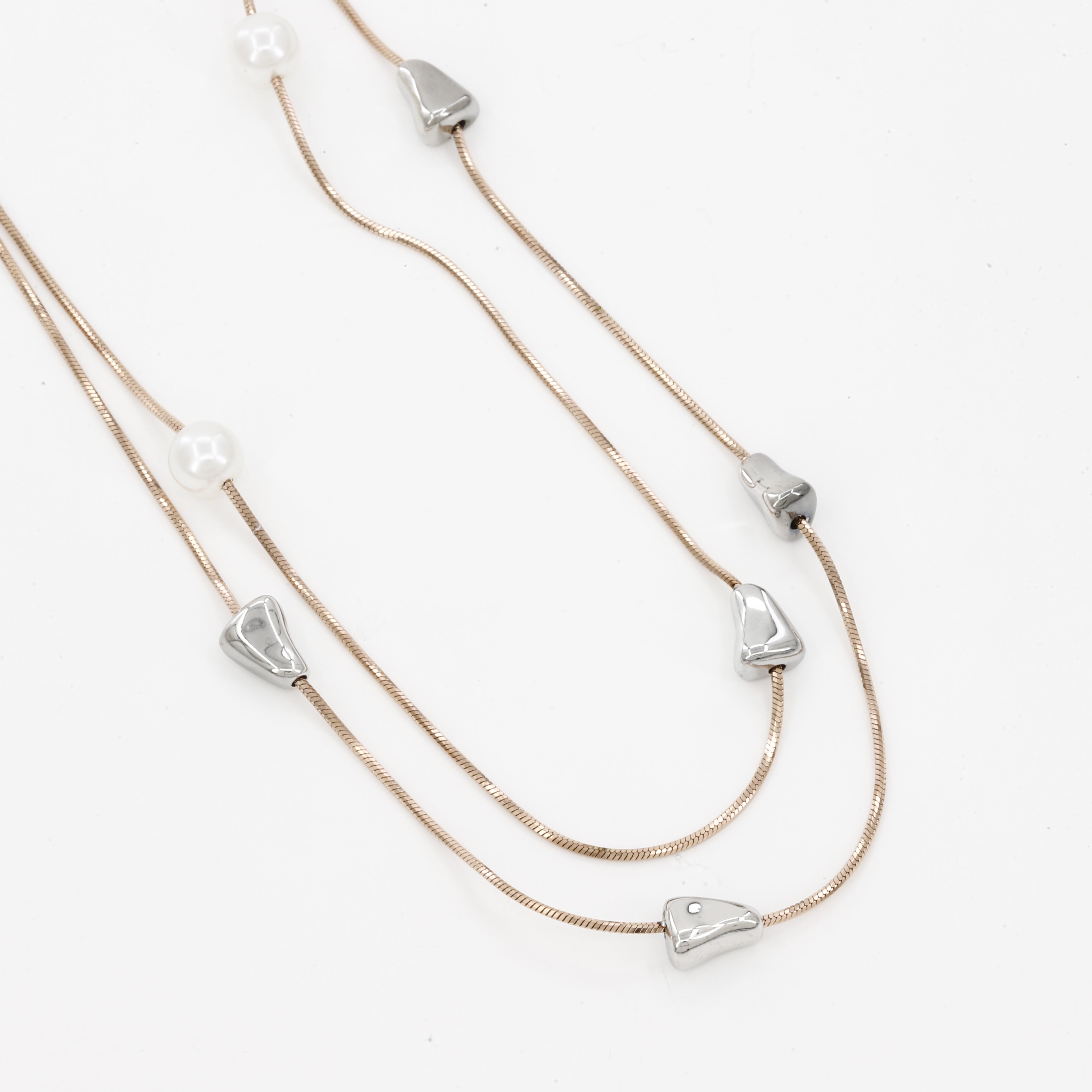 Layered Gold Snake Chain Necklace with Pearl & Silver Pebbles