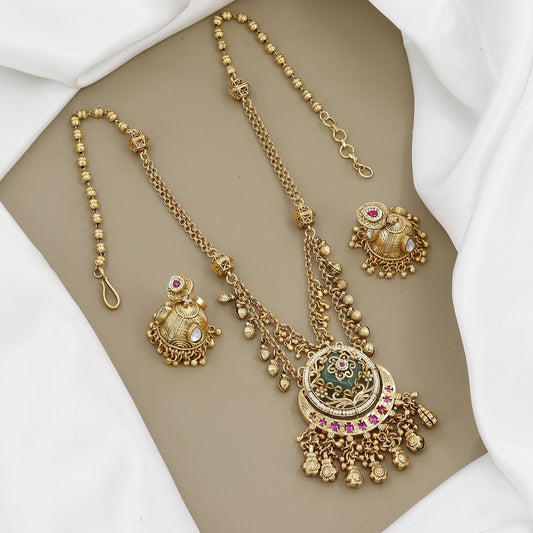 Green Meenakari Long Heritage Necklace Set with Ghungroo Drops