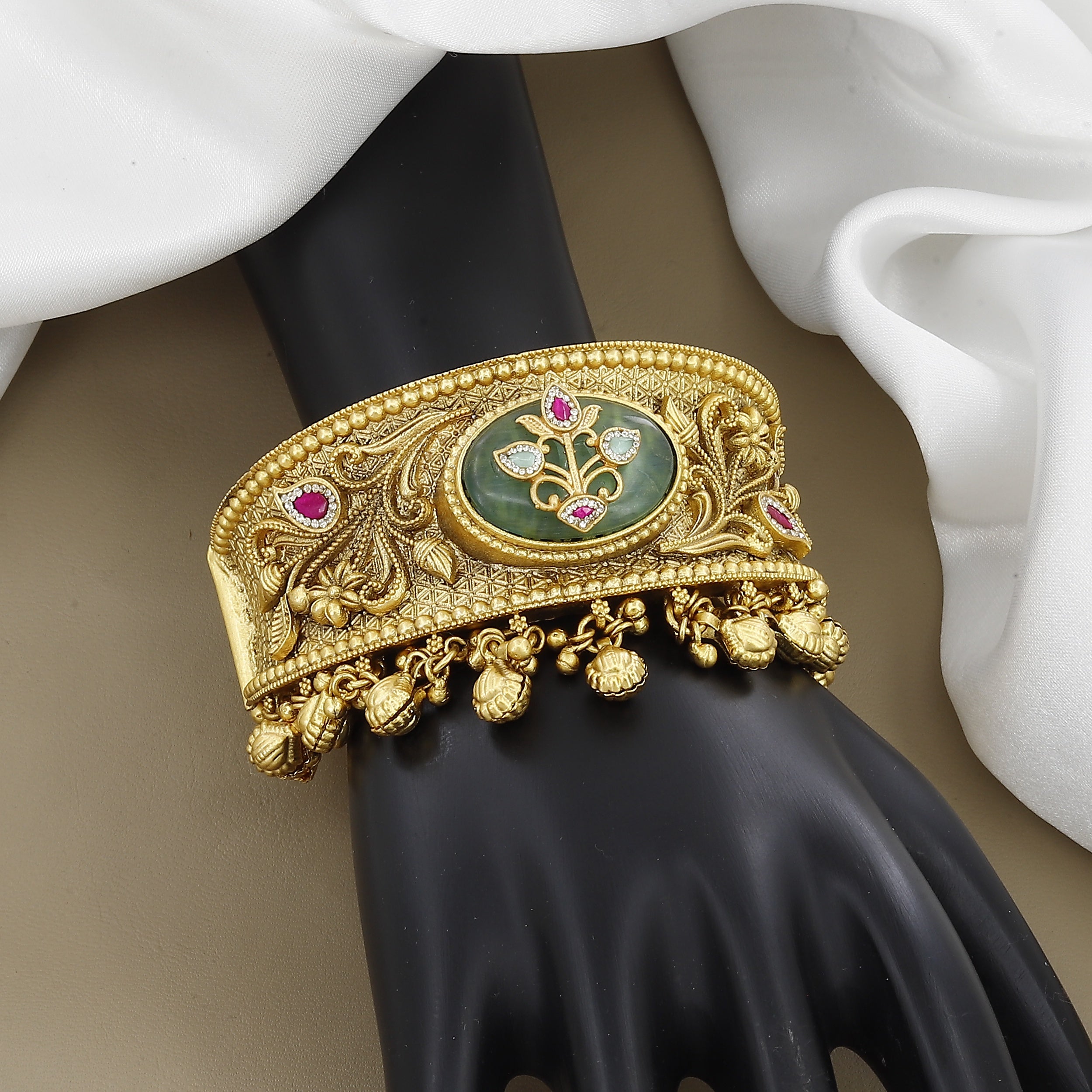Antique Heritage Style with Carved Green Stone Kada