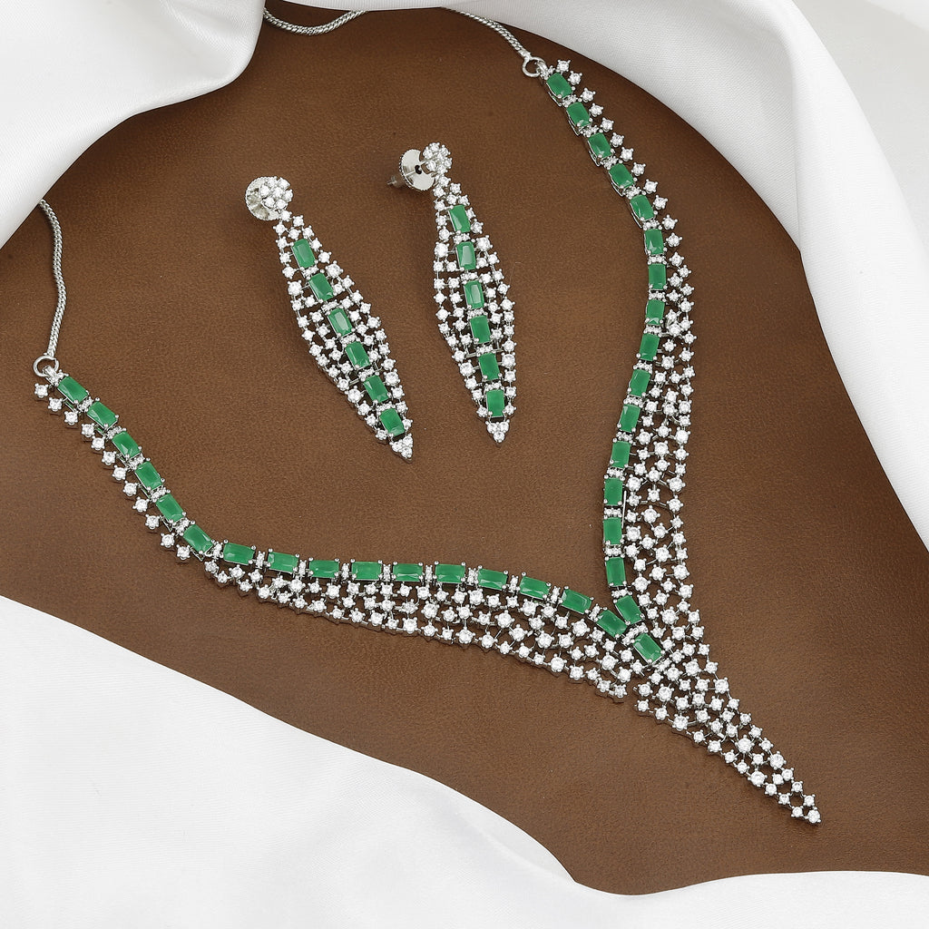 Silver Toned Luxurious Emerald Green & CZ V-Neck Necklace Set